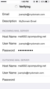 iPhone Verifying New IMAP or POP Account Mail Server Settings