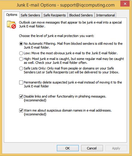 Junk Mail Options - Outlook 2010-13 