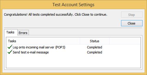 Outlook Test Account Settings Screen