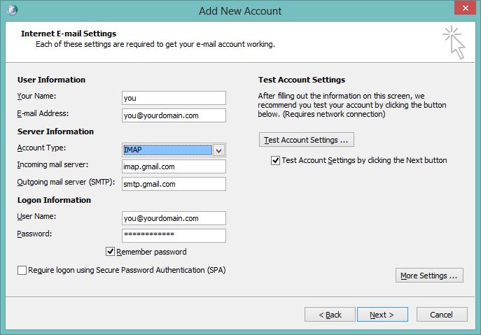 Outlook add New IMAP Account Manual Account Setup