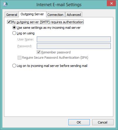 Outlook E-mail Settings Outgoing Server SMTP Authentication