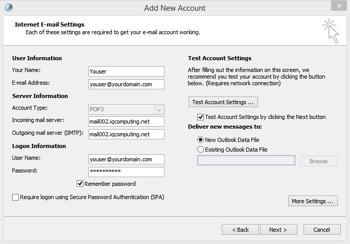 Outlook Add New Account POP3 Manual Settings